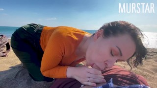 Horny Bitch Gets Wet from Interactive Toy and Sucks Cock on Beach || Murstar
